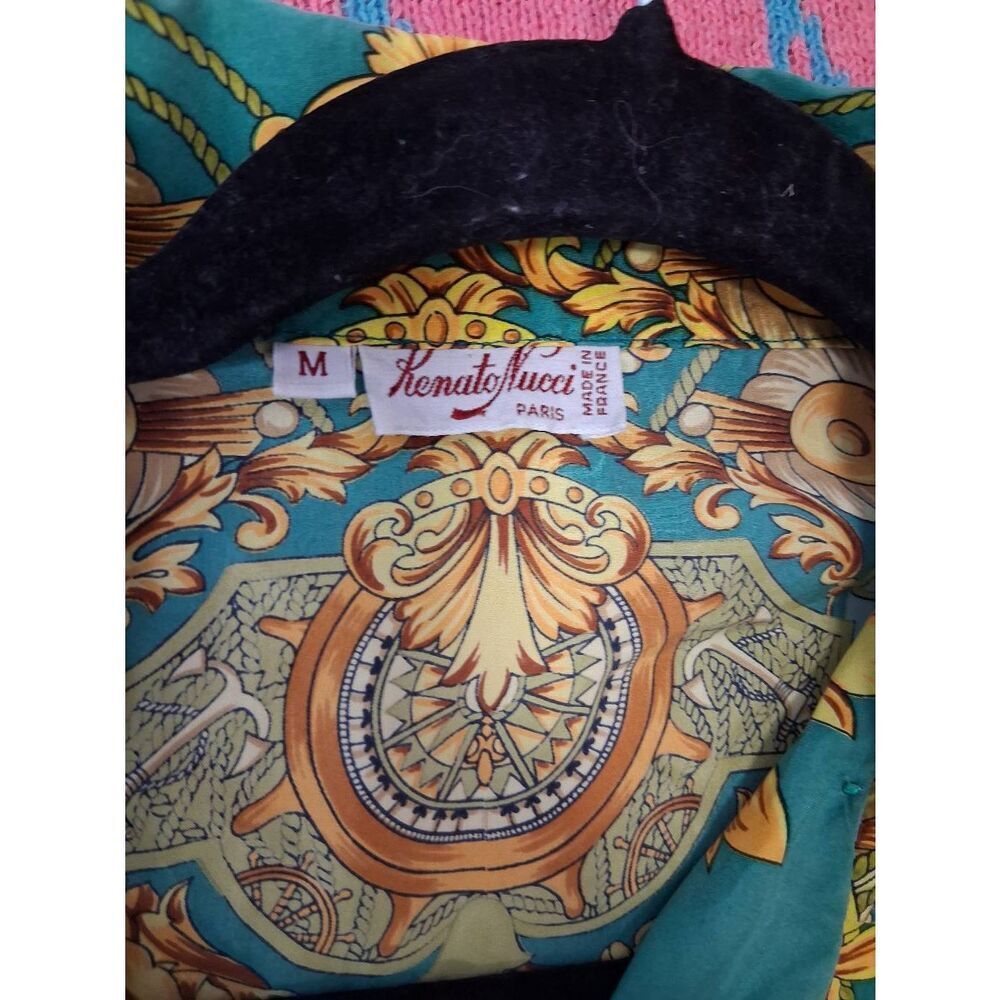Vintage renato nucci womens medium 100% silk blouse equestrian green whimsical - Picture 8 of 8